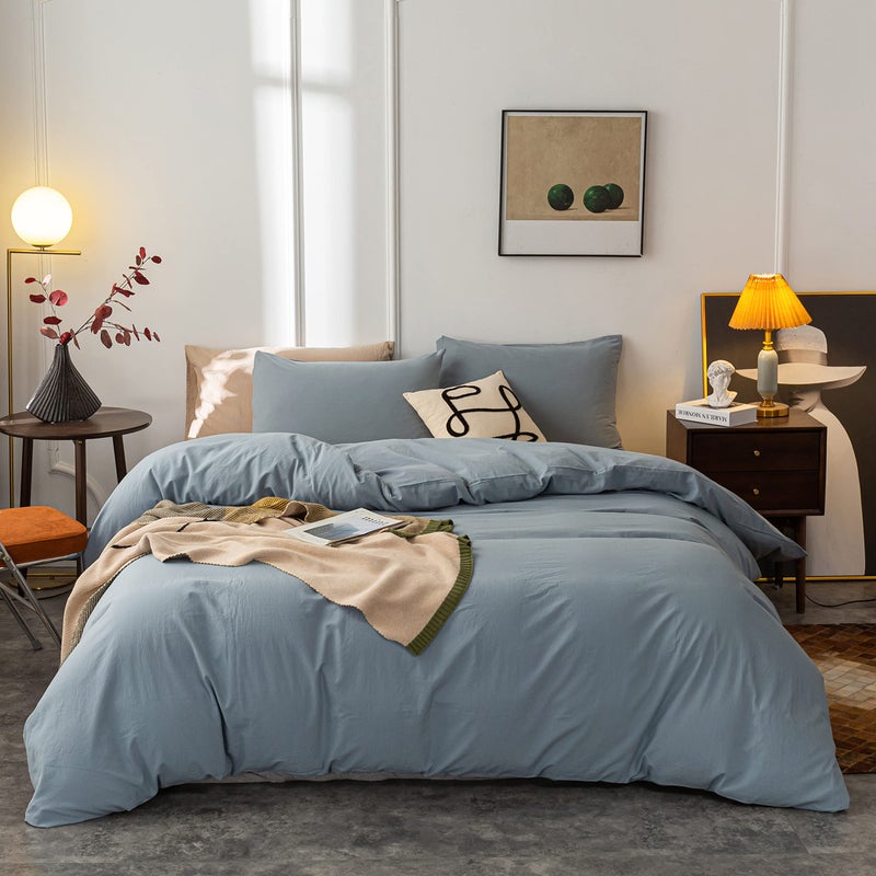 Janlive Washed Cotton Duvet Cover Oueen Ultra Soft 100% Cotton Solid Color Grayish Blue Duvet Cover Set with Zipper Closure -3 Pieces Grayish Blue Queen - Image 1